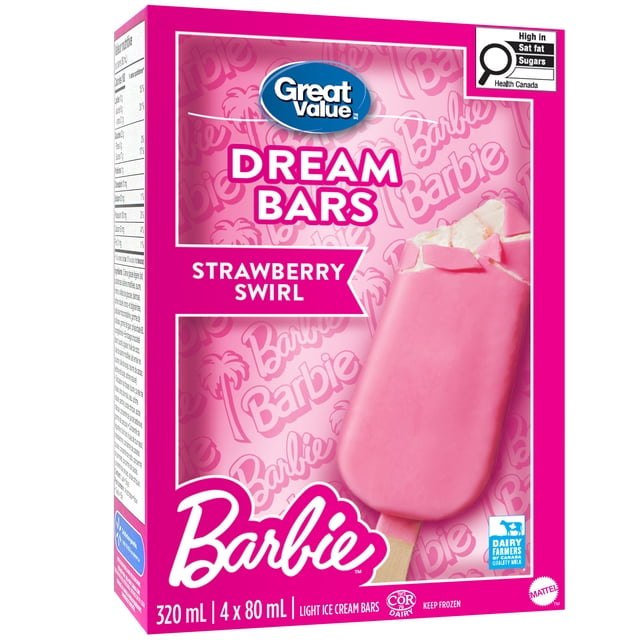 Great Value Barbie Strawberry Swirl Light Ice Cream Bars box with a pink background featuring repeated Barbie logos and palm tree graphics, showing a close-up of a pink white-chocolate coated strawberry swirl light ice cream bar on a wooden stick, 320 ml total with 4 bars of 80 ml each, kosher certified and made in Canada with Dairy Farmers of Canada quality milk.