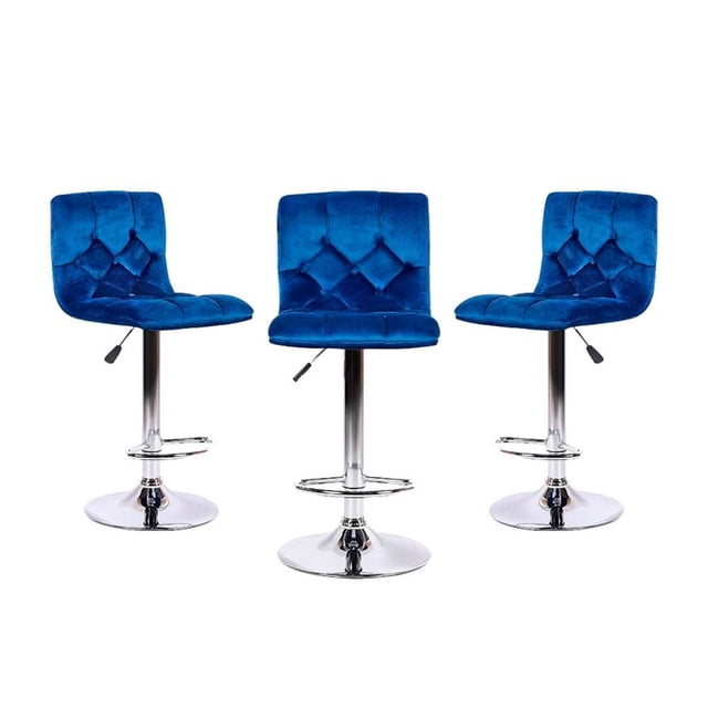 Heavenly Collection Adjustable Stool Set of 3 with three blue velvet bar stools featuring button-tufted backs and seats, chrome adjustable height bases with footrests, ideal for kitchen or dining seating and suitable for stylish home bar or workspace use.