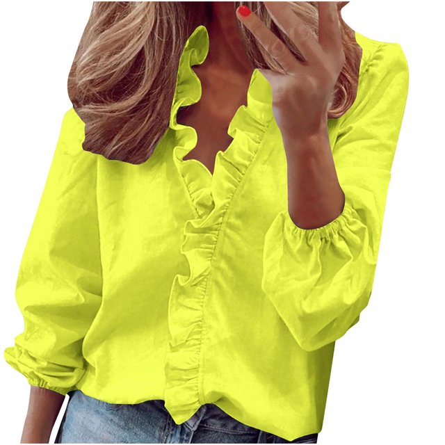 Penkiiy Women’s V Neck Ruffle Front Ruffle Long Sleeve Blouse Top Shirt L Yellow
