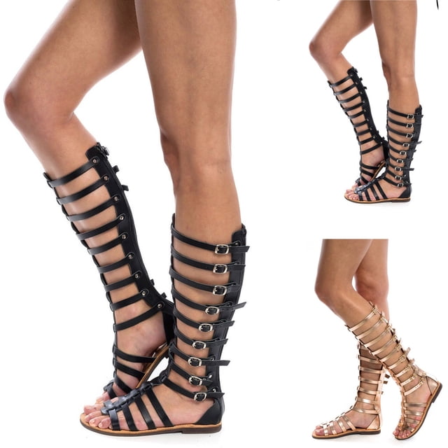 TrendOFT Sandales à Assise Plantaire pour Femmes Dames Hautes Chaussures d'Été Mode Bottes Rétro Décontractées Genou Sandales Plateforme pour Femmes Or 41