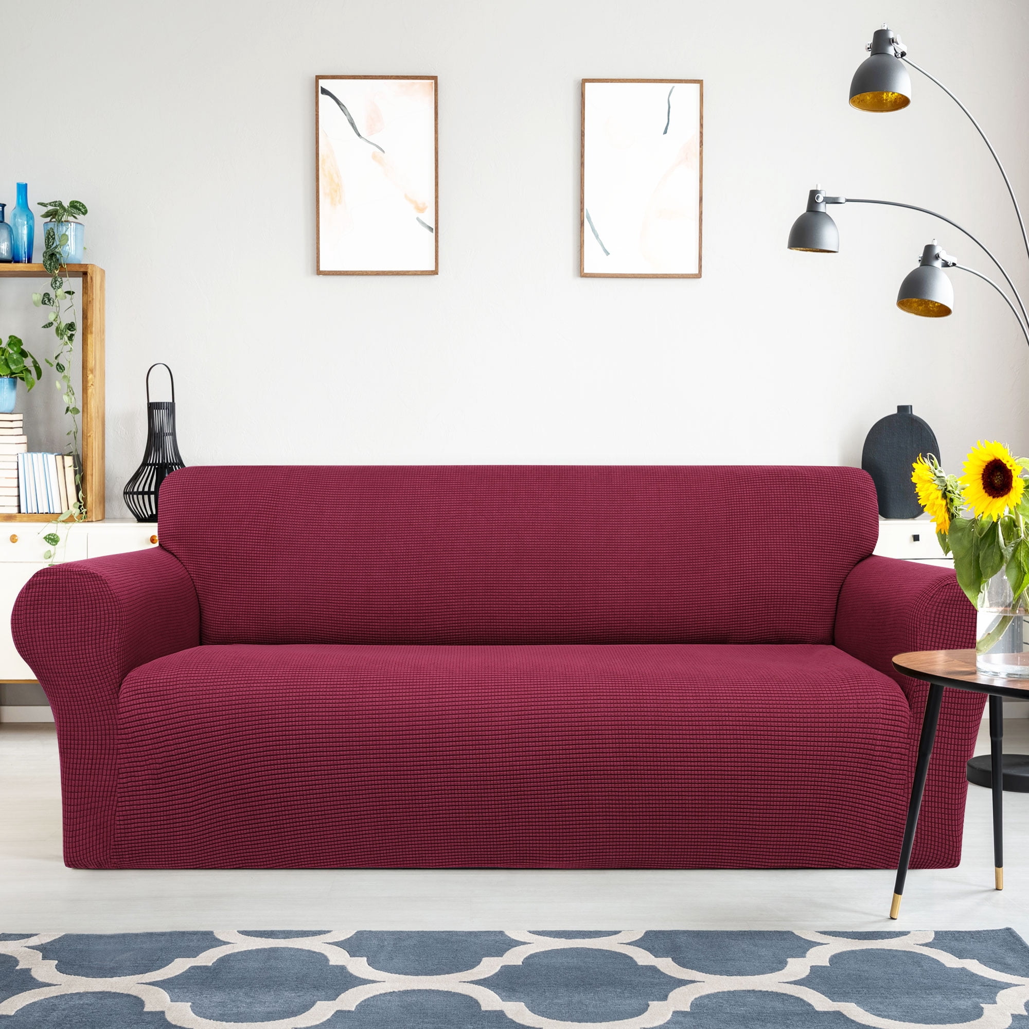 PiccoCasa Stretch Sofa Slipcover Washable Furniture Covers for Dogs Burgundy Medium