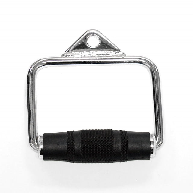 CAP Single-D Handle Cable Attachment with solid steel frame and polished chrome finish, featuring a rotating black rubber handgrip with medium-depth diamond knurling, suitable for upper body strength training and Smith machine use.
