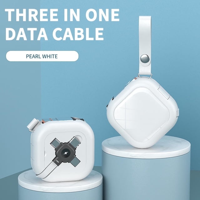 EGNMCR One Drag Three Data Cables for fast charging, designed for Android and Type-C mobile devices. Features a compact, retractable pearl white design suitable for computer accessories. Displayed on cylindrical platforms against a light blue background.