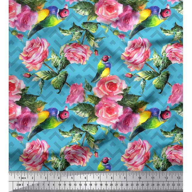 Soimoi Poly Georgette Fabric Bird,Leaves & Rose Floral Print Sewing Fabric Yard 42 Inch Wide