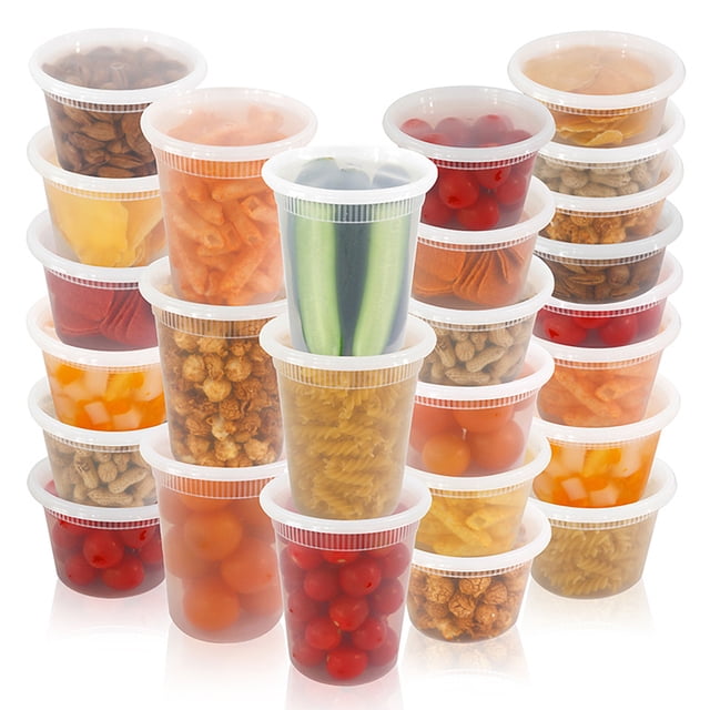 enjoywould 20 Pcs Food Storage Box with Airtight Lid, featuring round, clear, BPA-free plastic containers. Each container includes a tight-fitting, leak-proof lid to ensure food freshness and prevent spills. The set is microwave, freezer, and dishwasher safe, making it ideal for meal prep, deli storage, and takeaway food packing. The image shows multiple containers filled with various foods, highlighting their versatility and capacity.