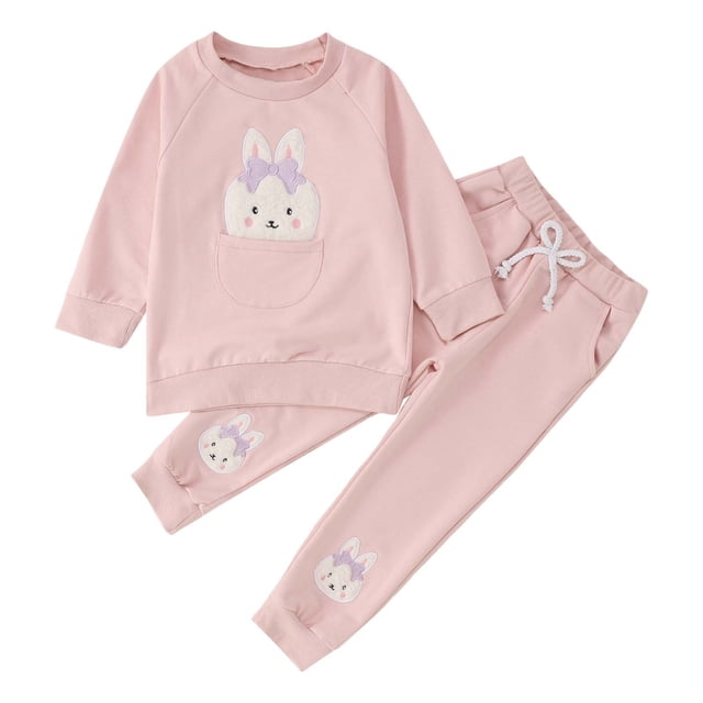 MIASHUI Toddler Girl Boy Easter Outfit Rabbit Embroidered Long Sleeve Sweatshirt Top Pants Set,Pink,2-3 Years