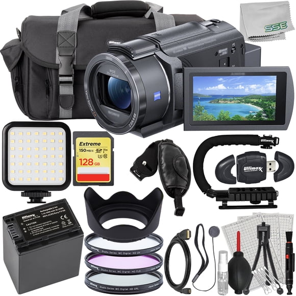 Ultimaxx Avancé Sony FDR-AX43A UHD 4K Handycam Caméscope Ensemble - Comprend : 128 Go Extreme SDXC, Batterie de Rechange, Sac pour Gadgets Résistant à l'Eau et Bien Plus (Ensemble de 26 Pcs)