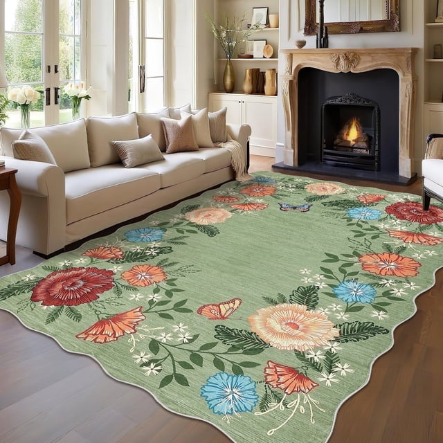 Garvee 5'x7' Floral Area Rugs, Washable Boho Rugs Ultra Soft Print Carpet, Non-Slip Low Pile Rug Stain Resistant Distressed Indoor Rugs for Living Room Bedroom Dining Room, Green