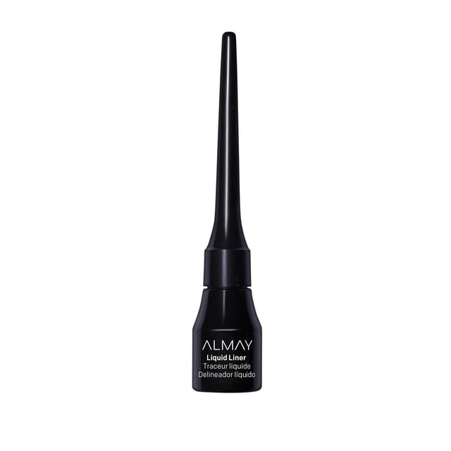 Almay Liquid Eyeliner in a black calligraphy-inspired inkwell bottle with a long, slim cap and flexible brush applicator, offering water-resistant, skip-proof, and hypoallergenic formula for precise eye makeup. Ophthalmologist tested and suitable for sensitive eyes.