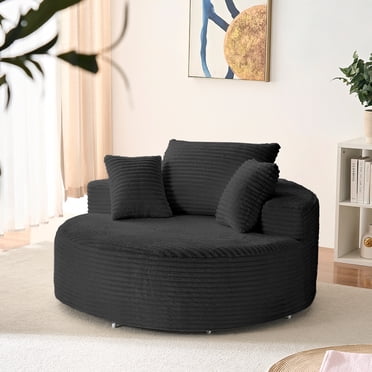 Puremind Round Chaise Lounge Chair, 360 Degree Sofa Chair, Modern Corduroy Deep Seat Swivel Accent Chair for Living Room/Apartment, Black