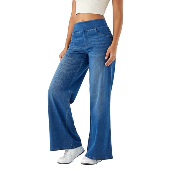 LUOGENLI Female Casual Pants Pull on Wide Leg Jeans for Women High Waisted Stretchy Baggy Trendy Straight Leg Jeans Denim Pants Women Business Casual Pants 44X32 Blue XL