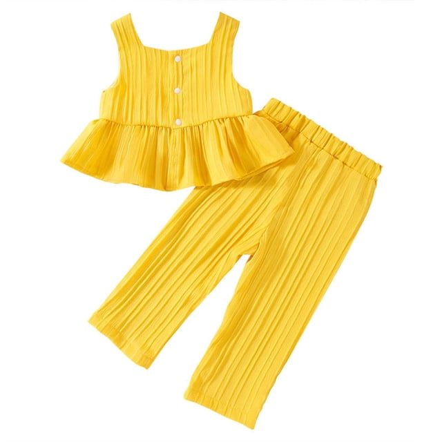 FAOWME Summer Style Sleeveless Tank Tops & Soft Pants Outfits 2PCS Set Solid Color Casual Outfits Yellow 2-3 Years