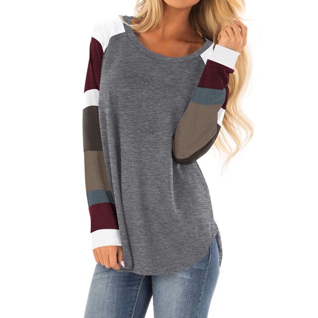 ZXZY Women Color Block Round Neck Long Sleeve Scoop Hem Tunic Top