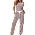 thumbnail image 3 of Cameland Pyjama Rayé pour Femmes Deux Pièces Col Rond Bas Sans Manches et Poches Décontractées Pantalon Long Ensemble de Nuit à la Maison, 3 of 7