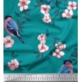 thumbnail image 1 of Soimoi Green Poly Georgette Fabric Peach Floral & American Robin Bird Decor Fabric Printed BTY 52 Inch Wide, 1 of 3