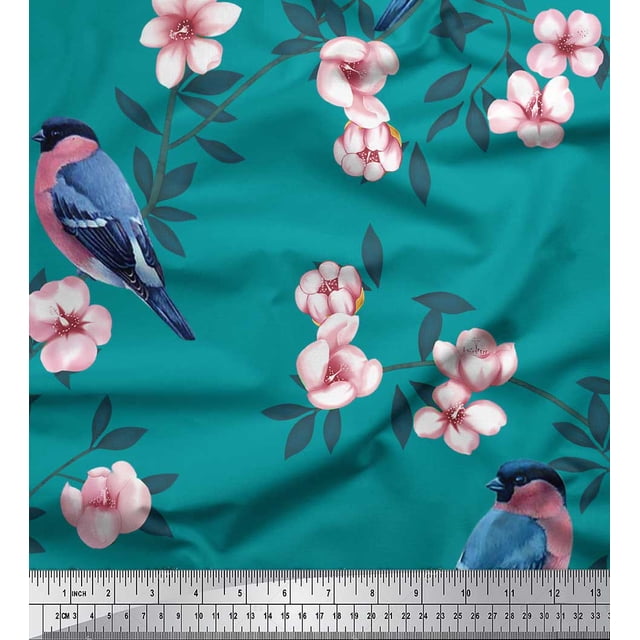 Soimoi Green Poly Georgette Fabric Peach Floral & American Robin Bird Decor Fabric Printed BTY 52 Inch Wide
