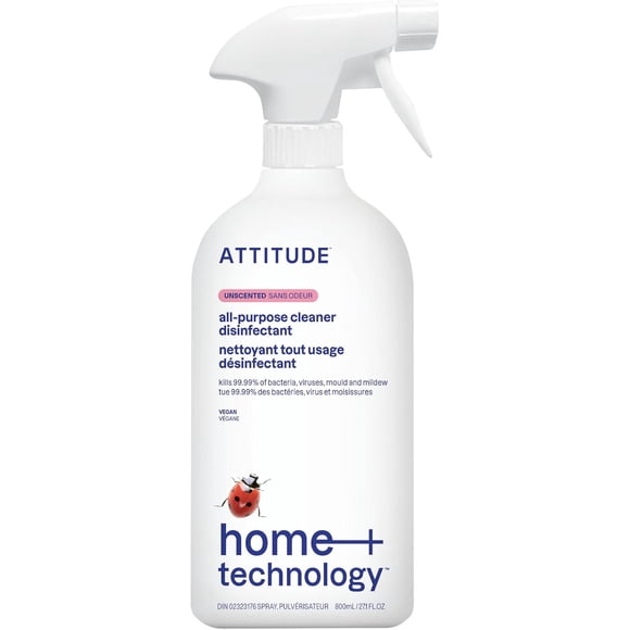 ATTITUDE Disinfectant Spray, All Purpose Cleaner with 99.99% Germ & Virus Elimination, Vegan & Plant-Based, Multi-Surface, Made in Canada, Unscented, 800 mL