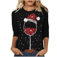 thumbnail image 1 of Hauts pour Femmes Noël Verre de Vin Rouge Imprimé Col Rond Manches Trois Quarts T-Shirts Surdimensionnés pour Femmes Noir m, 1 of 4
