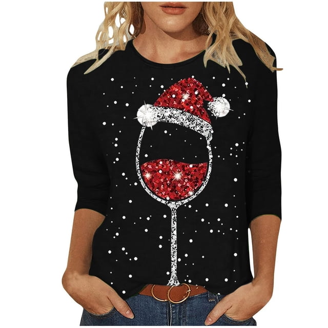 Hauts pour Femmes Noël Verre de Vin Rouge Imprimé Col Rond Manches Trois Quarts T-Shirts Surdimensionnés pour Femmes Noir m