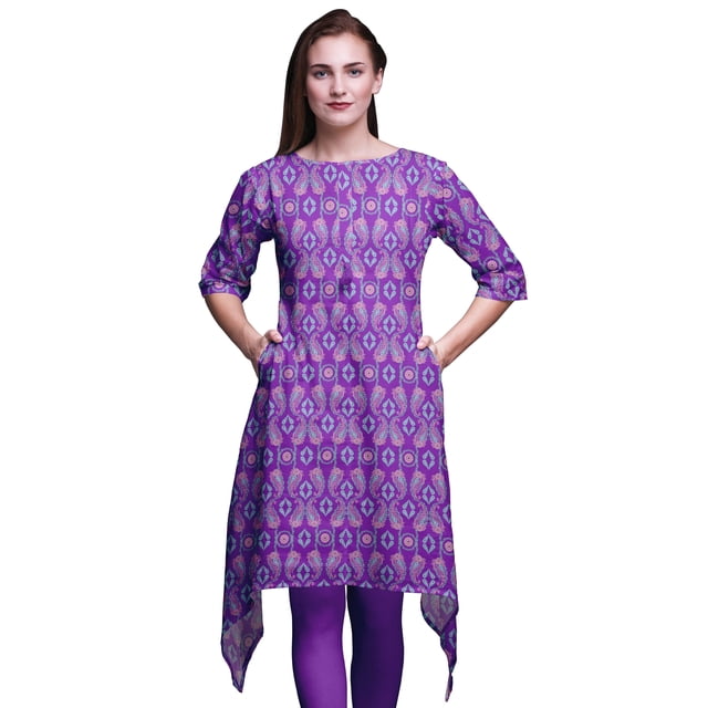 Bimba Hauts à Imprimé Cachemire Violet et Floral pour Femmes Kurti Asymétrique Robe d'Été pour Filles Moyen