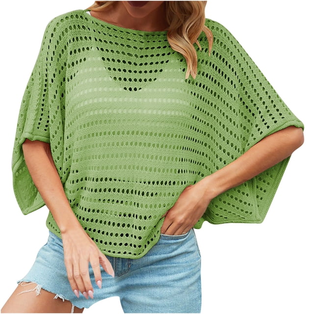 AherBiu Cache-Maillots de Plage pour Femmes Manches Chauve-Souris Encolure Dégagée Ample Ample Tricoté Ajouré Chandail à Enfiler Hauts