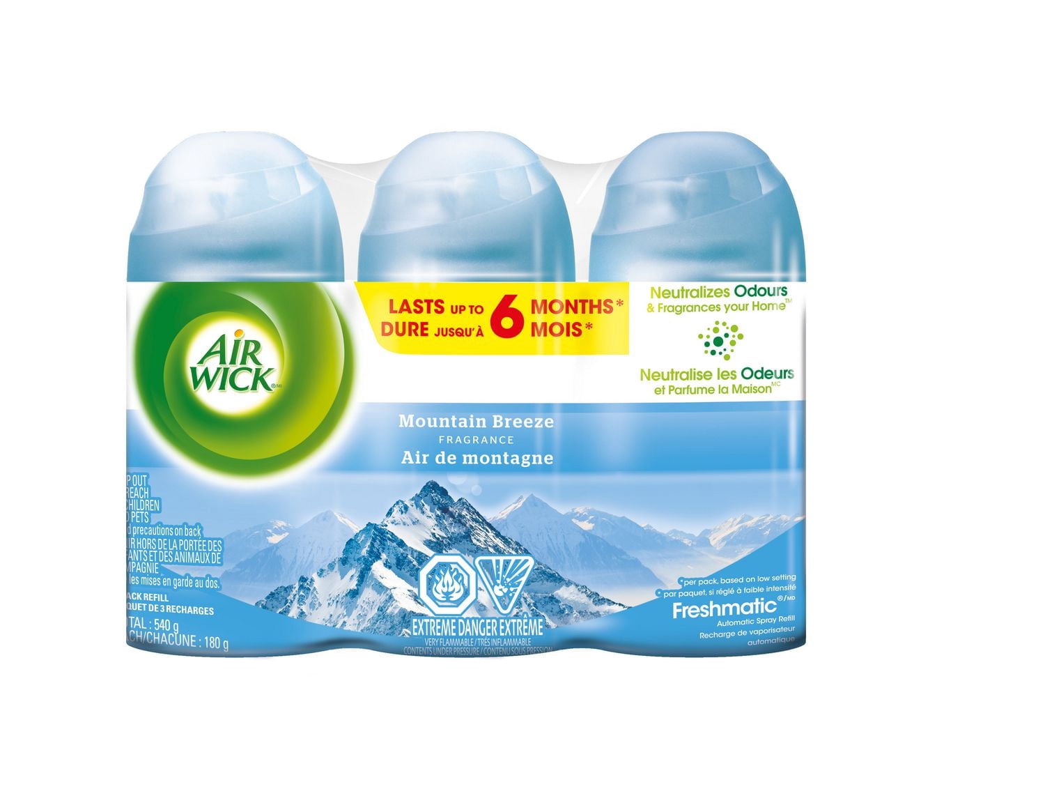 Air Wick Freshmatic Désodorisant d'Air, Recharges pour Vaporisateur Automatique, Air de Montagne, 3 Recharges