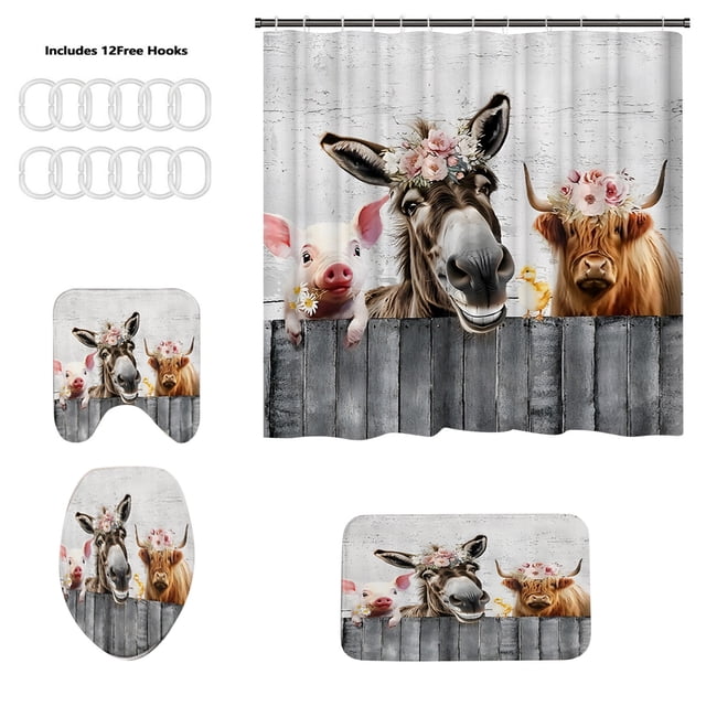 Hot Selling Bull Head Series Shower Curtain Set, Polyester Waterproof 4 Piece Bathroom Divider