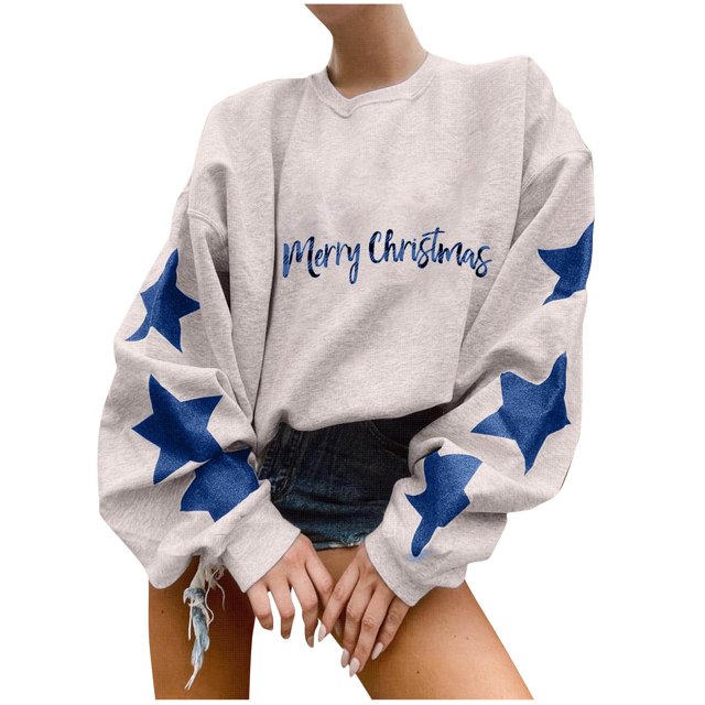 Pisexur Chandails en Molleton de Noël pour Femmes Manches Longues Col Rond Mode Étoiles Imprimé Vacances Chandail Décontracté Ample Automne