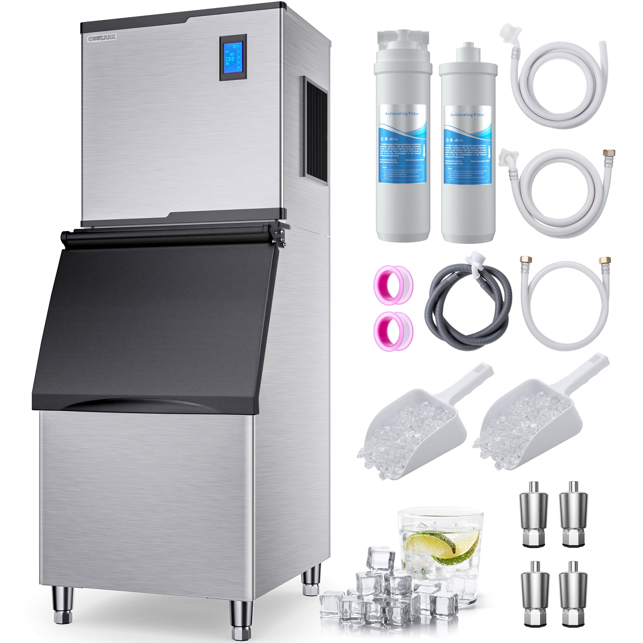 Coolake 22" 550 lbs Commercial Ice Maker with 360 lbs Storage, Stainless Steel Freestanding Ice Machine, 115V