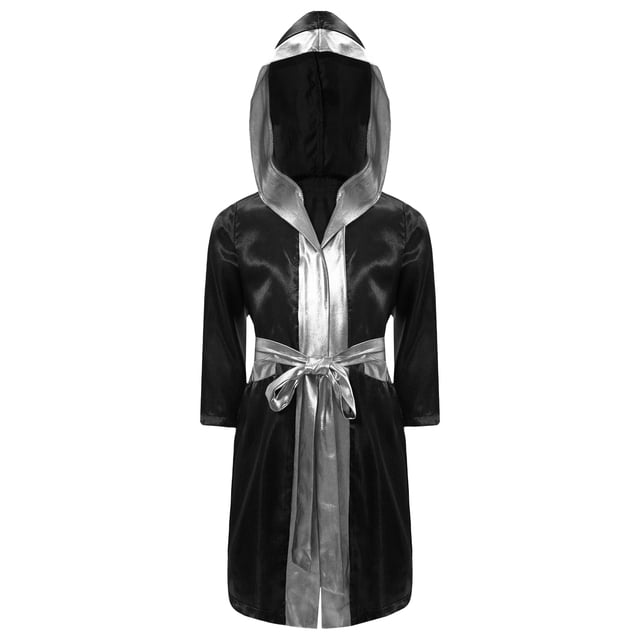Alvivi Enfants Garçons Robe de Boxe Art Martial Muay Thaï Uniforme Manches Longues Kick Boxe Robe à Capuche Ensembles Noir&Argent A 14