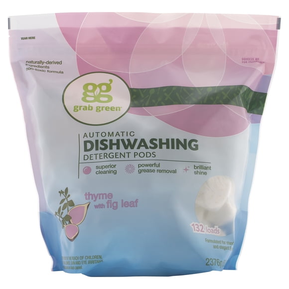 Grab Green Natural Dishwasher Detergent Pods, Thyme + Fig Leaf-With Essential Oils, 132 Count, Organic Enzyme-Powered, Plant & Mineral-Based