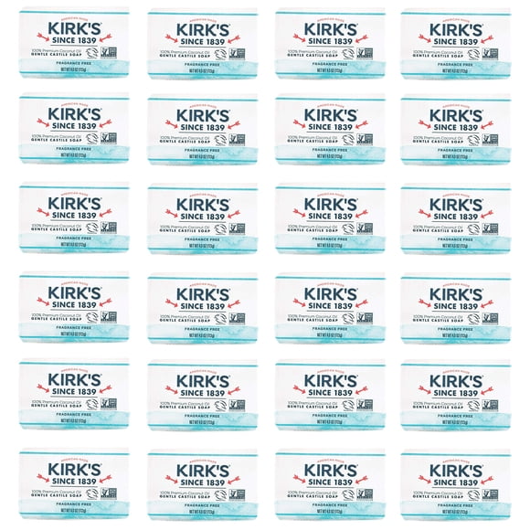 Kirks Savon en Barre de Castille Savon Propre pour Hommes, Femmes et Enfants Formule Haut de Gamme à l'Huile de Coco pour Peau Sensible, Végétalien Sans Parfum Non Parfumé Barres de 4 oz - Lot de 24
