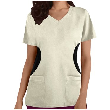LSLJS Hauts de Sarrau d'Infirmière pour Femmes Mode Manches Courtes Col en V Hauts Uniforme de Travail Imprimé Blouse à Poche Hauts, Sarraus pour Femmes