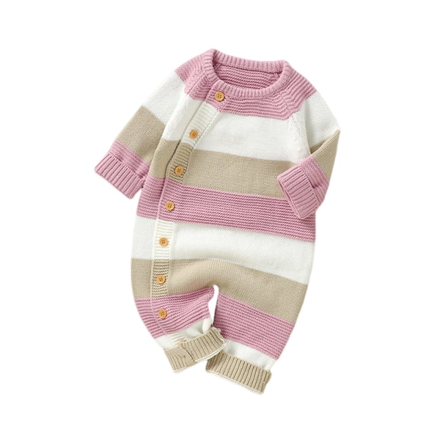 UAMVSH Newborn Girl Boy Striped Sweater Rompers Fall Winter Long Sleeve Button down Jumpsuits Warm Color Block Infant Outfits(12-18 Months,Pink)