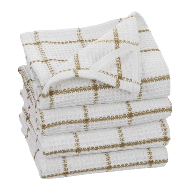 Fabstyles Cotton Solo Waffle Weave Kitchen Towels, set of 4 extra large 18x28 inch dish cloths in white with brown waffle weave grid pattern, made from absorbent, quick-drying cotton with hanging loops, suitable for drying dishes and general kitchen use.