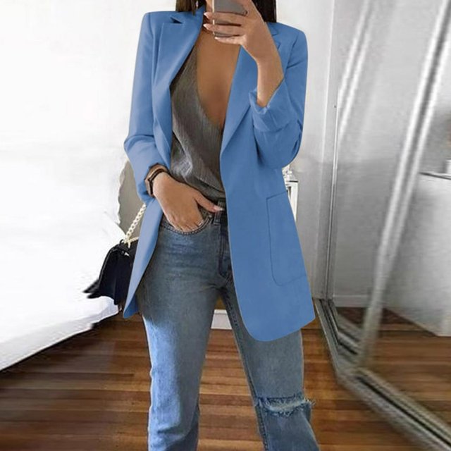 Women Solid Open Front Pockets Cardigan Formal Suit Long Sleeve Blouse Coat