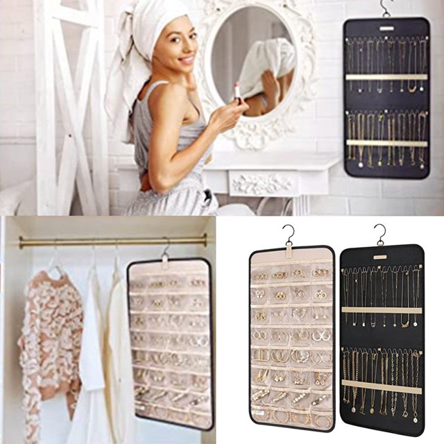 WIFKLSIIPG Rouleau de Rangement pour Bijoux Suspendus 14X23 Pouces avec Cintre Support Mural pour Colliers Présentoir Mural (Noir)