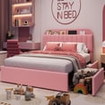 thumbnail image 3 of Bingirl Pink Queen Bed Frame with Storage Headboard and 2 Drawers, Boucle Upholstered Platform, Built-in Bookcase, No Box Spring Needed, Easy Assembly, Durable & Stylish for Girls, 3 of 7