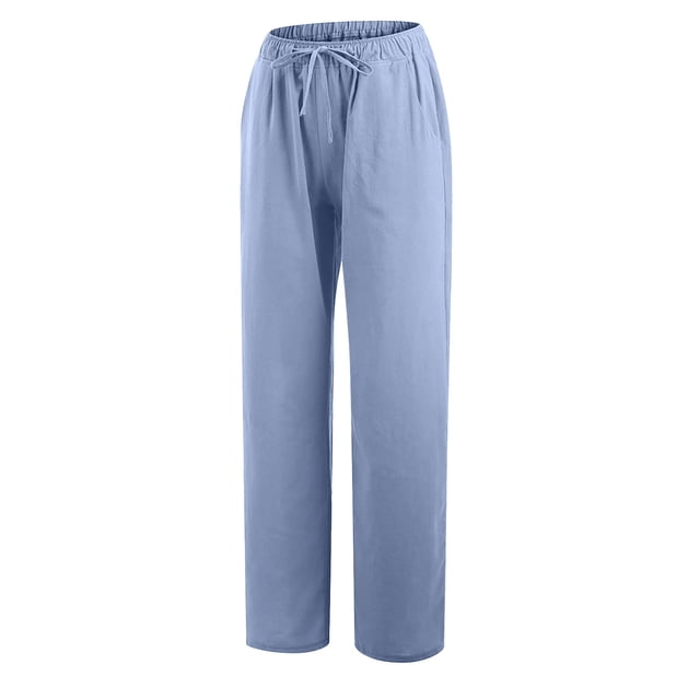 Summer Pants for Women Plus Size Straight Leg Casual Loose Elastic Waisted Drawstring Slacks Trousers with Pockets in a light blue colour. Designed with a relaxed fit, elastic waistband, and drawstring closure, ideal for casual wear, lounging, or outdoor activities like hiking.