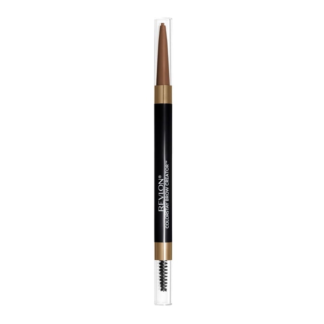 Revlon ColorStay Brow Creator Waterproof Natural Eyebrow Color Pencil in a vertical view with a black barrel and gold accents, showing a brown micro pencil tip under a clear cap and a spoolie brush under a clear cap, designed for precise eyebrow filling, shaping, and grooming with up to 16-hour waterproof wear.