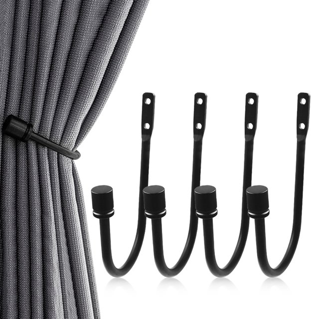 4 Pcs Embrasses de Rideaux, Embrasses Métalliques Murales pour Draperies en Noir, Montrées avec un Rideau Gris. Comprend Quatre Supports Métalliques en Forme de U avec une Finition Polie, des Vis et des tubes d'Expansion pour une installation Sécurisée. Fait d'Un Alliage d'Aluminium durable Résistant à la corrosion, Convient aux Salons, Chambres Ou Cuisines. Peut Aussi Être Utilisé pour Accrocher des Manteaux, des Serviettes Ou des Chapeaux.