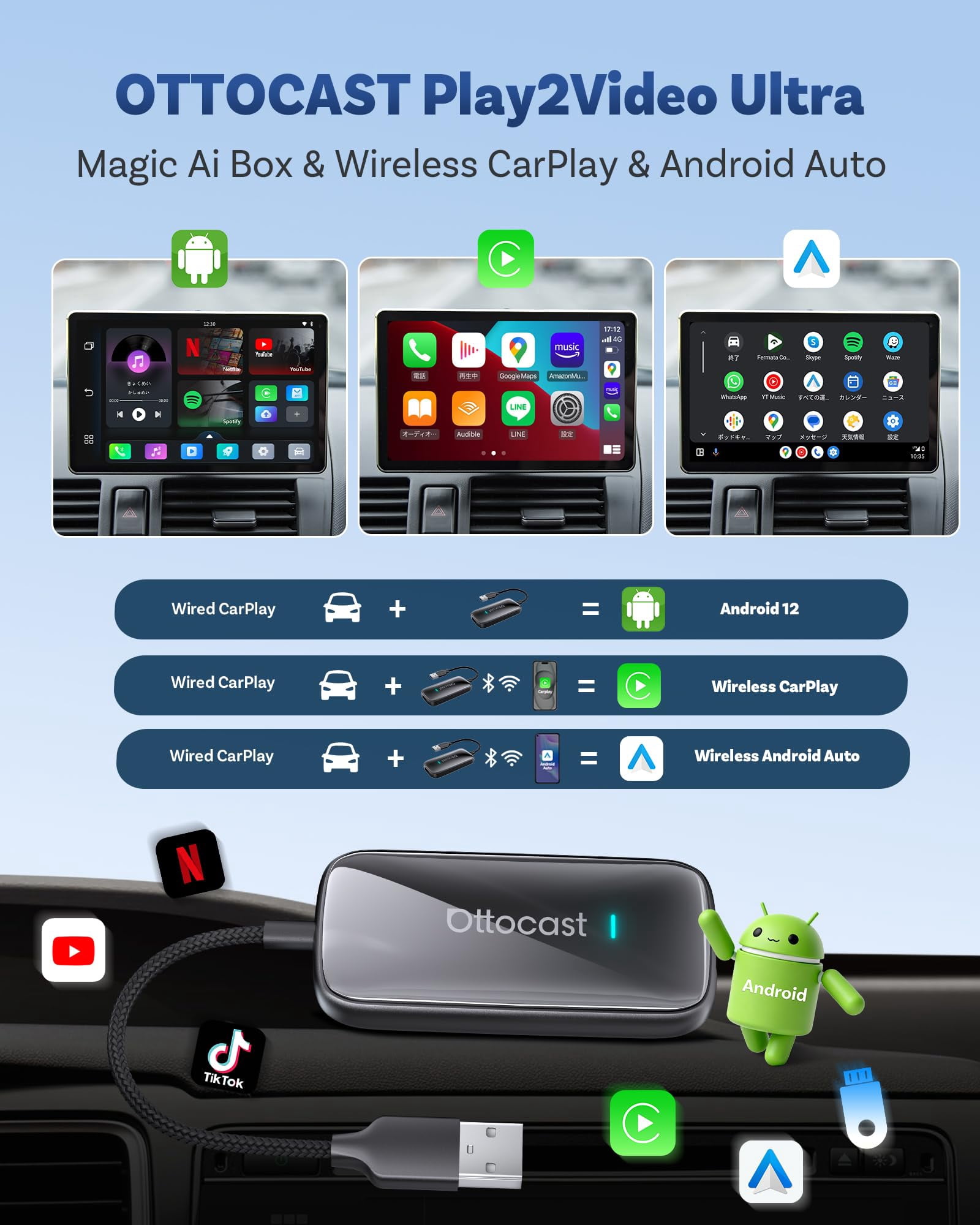 Ottocast Play2video Ultra, 2-in-1 Wireless CarPlay & Android Auto
