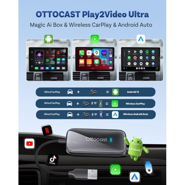 Ottocast Play2video Ultra Ver, 2-in-1 Wireless CarPlay & Android