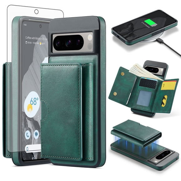 Asuwish Phone Case for Google Pixel 8 Pro 5G Wallet Magnetic Detachable Cell Cover with Wireless Charging and RFID Blocking Credit Card Holder Flip Stand Pixel8Pro Pixel8 XL Eight 8ro Women Men Green