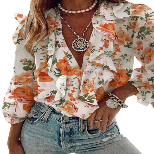 AMERTEER Women Button-down Ruffle Shirt V-neck Long Sleeve Blouse