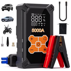 Refurbished REHOTTOP RS5 Car Jump Starter with 5000A Peak Current, 160PSI Air Compressor, 3.4-Inch LCD Display, Portable 12V Battery Pack for 10L Gas and 8.0L Diesel Engines