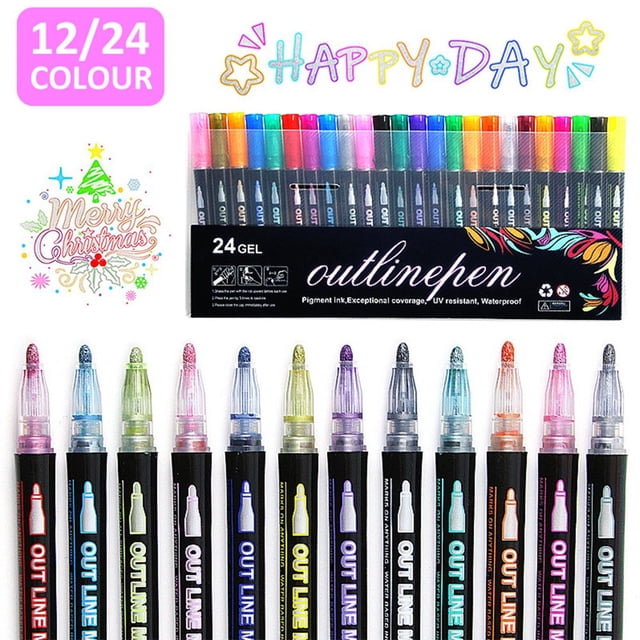 12/24 Colors Metallic Marker Double Line Outline Marker DIY Photo Album Paint Marker Pen with 2mm Tip Shimmer Marker Set for Metal Ceramic Glass Greeting Cards
