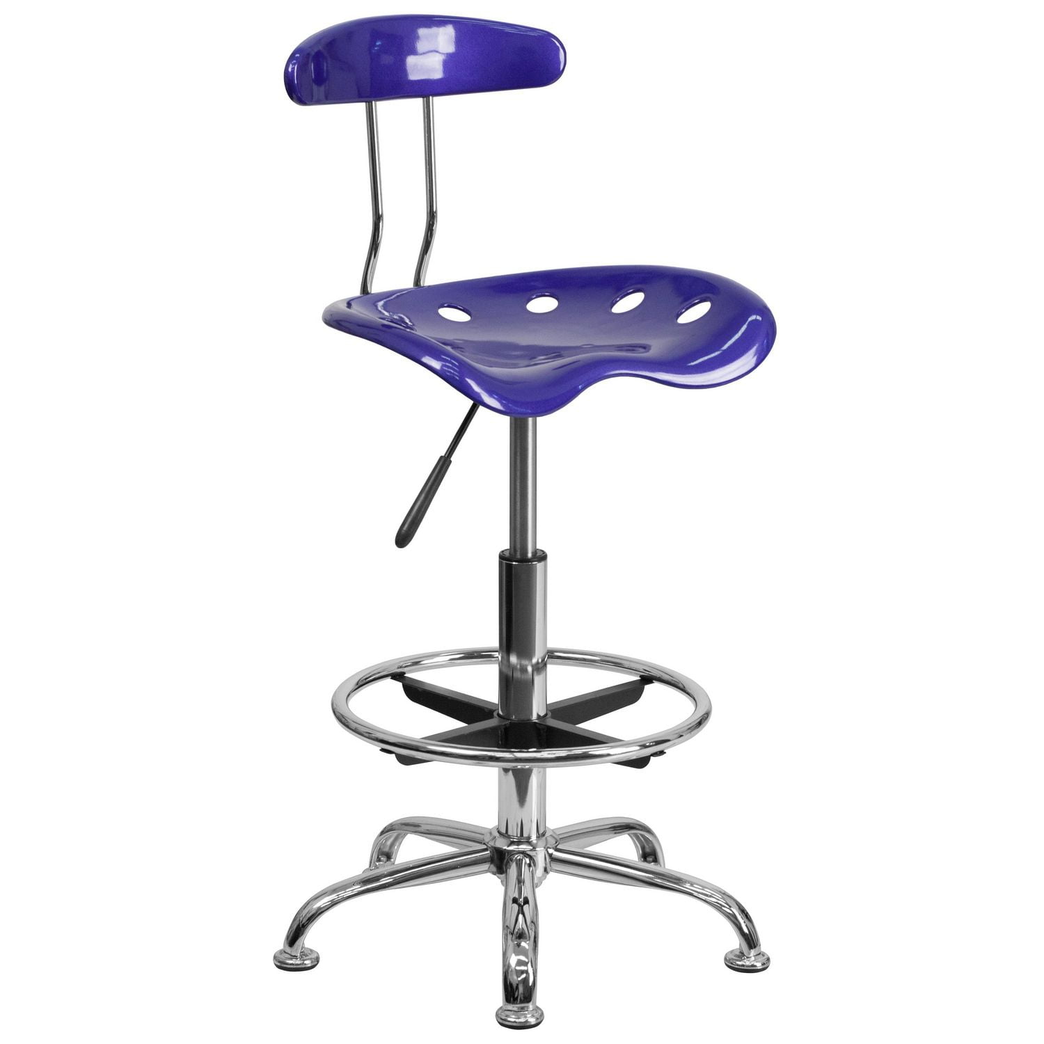 Vibrant Deep Blue and Chrome Drafting Stool with Tractor Seat