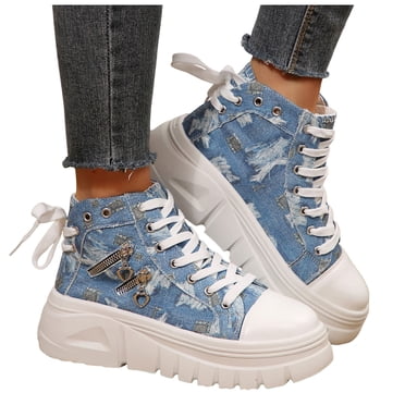 Dakaela Espadrilles Montantes pour Femmes à Plateforme en Denim Toile Chaussures de Course Confortables à Lacets Décontractées de Marche Tennis Espadrilles Bleu 7.5