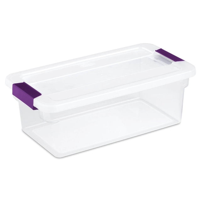 Sterilite 6 Quart Plastic ClearView Latch Storage Container Tote, 12 Pack. A clear plastic storage container with purple latches securing the lid, ideal for organizing small items like shoes, toys, or craft supplies. The clear base and lid allow easy identification of contents, and the indexed lid enables stacking for efficient vertical storage. Suitable for seasonal and holiday storage. Dimensions: 14.12 x 7.75 x 4.87 inches.